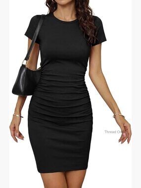 Slim Fit Bodycon Mini Dress Ruched Sleeveless Crew Neck Casual Party